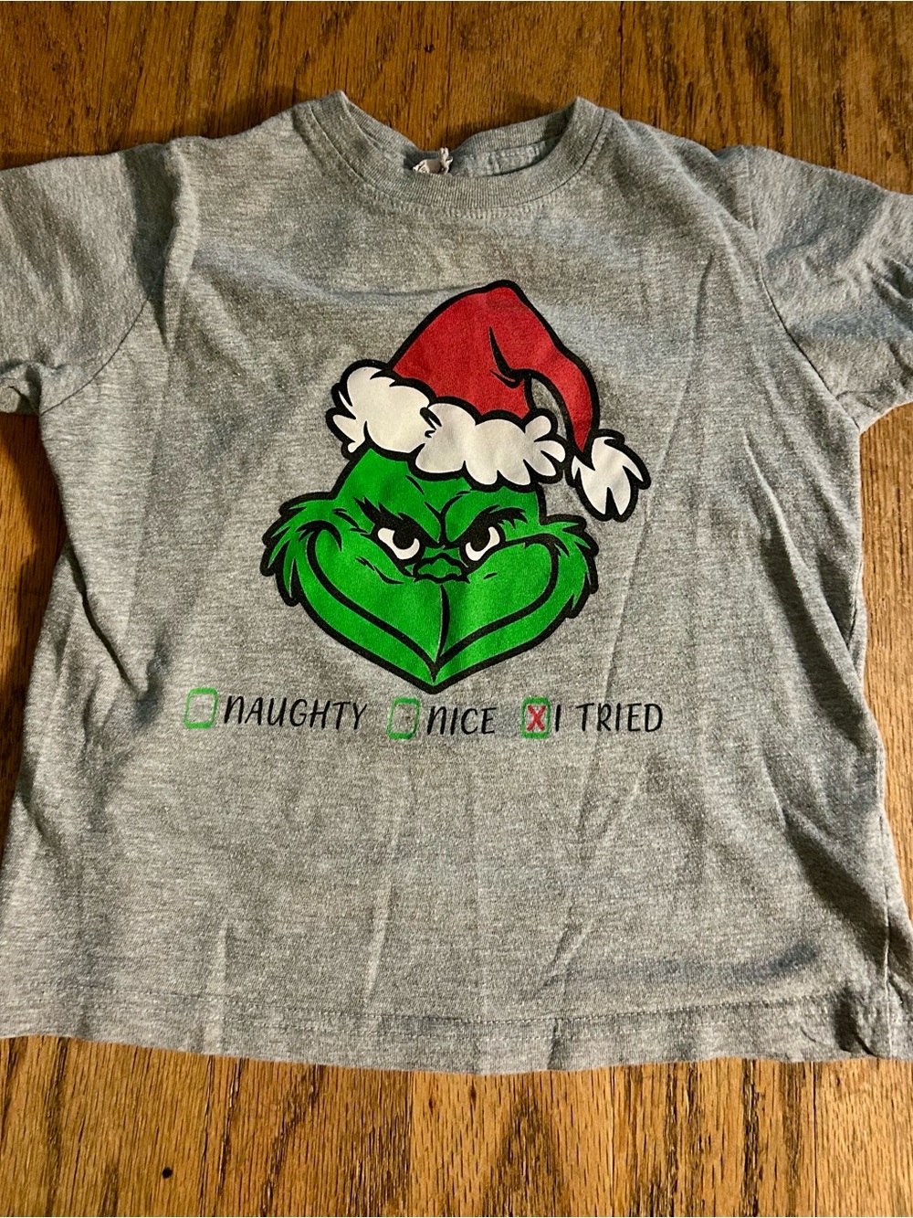 Kids Gray Grinch Holiday Tee with Red Santa Hat